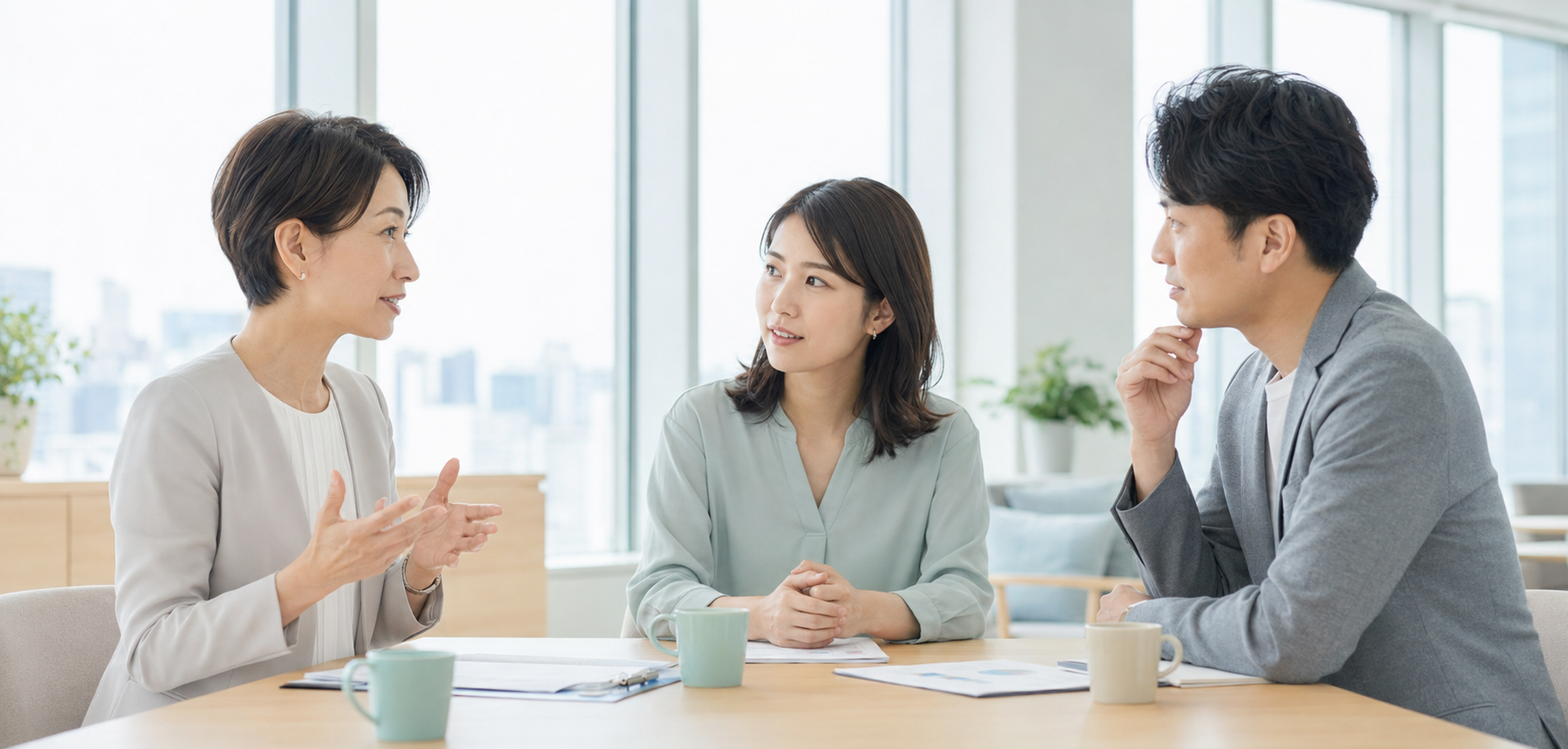 明るいオフィスでキャリアについて対話するコンサルタントと相談者